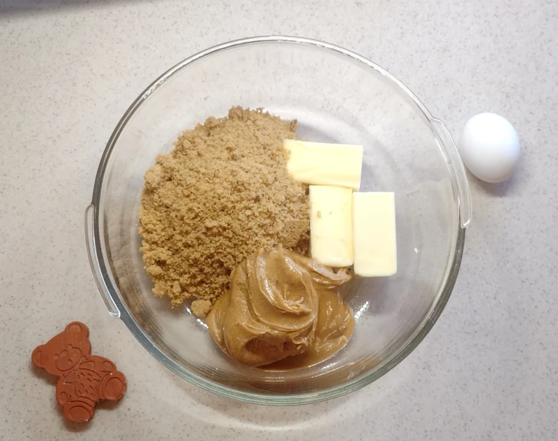 The brown sugar, peanut butter, and butter in a mixing bowl
